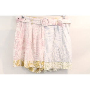Aura Linen Blend Shorts Womens size M Floral Print Belted Pleats Pockets